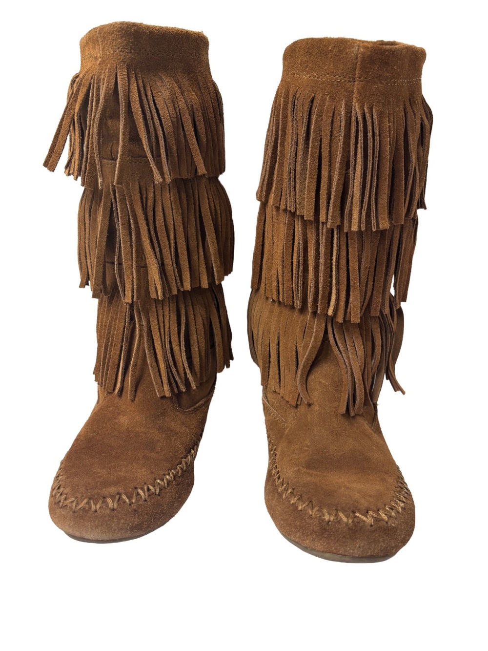 Fringed Suede Mid-Calf Boots - Brown